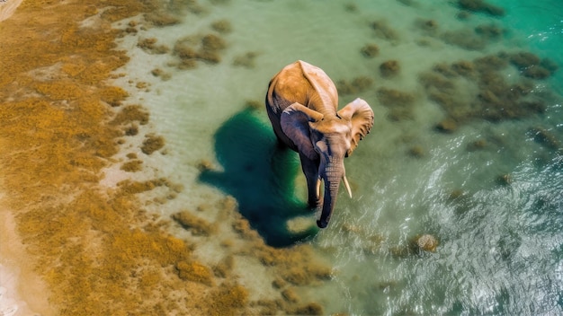 An elephant walks in the water with the ocean in the background.