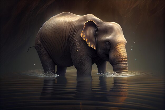 elephant in water with a dark background