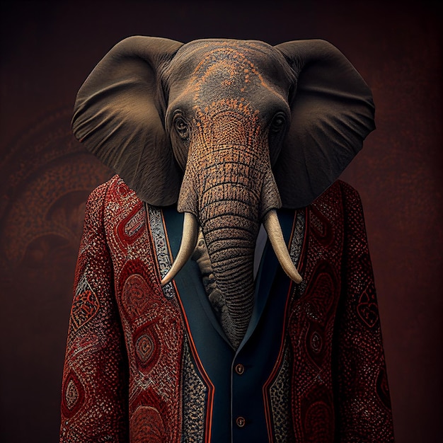 An elephant wearing a suit with a red and blue tuxedo.