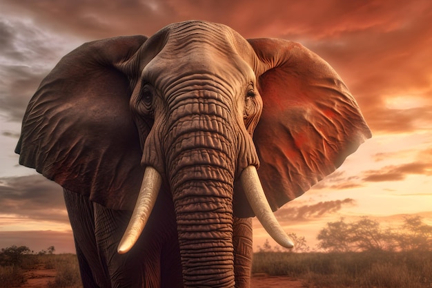 An elephant in the wild with a sunset background