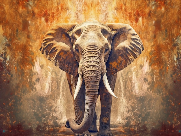 An elephant with a background of orange and gold