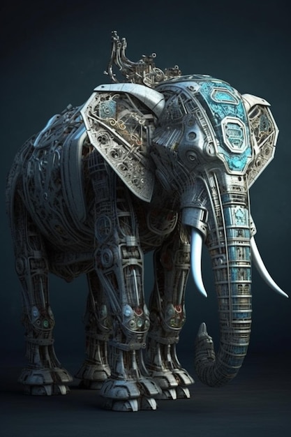 An elephant with a blue and silver design.