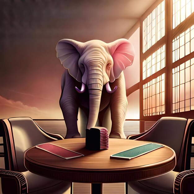 Foto un elefante con una scatola sul tavolo e un elefante sul tavolo.