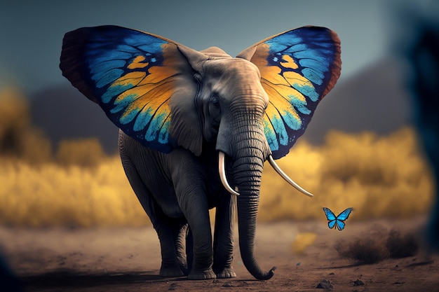 An elephant with a butterfly on its back