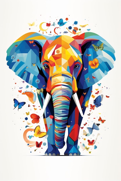 an elephant with a colorful background of butterflies and a picture of a colorful elephant