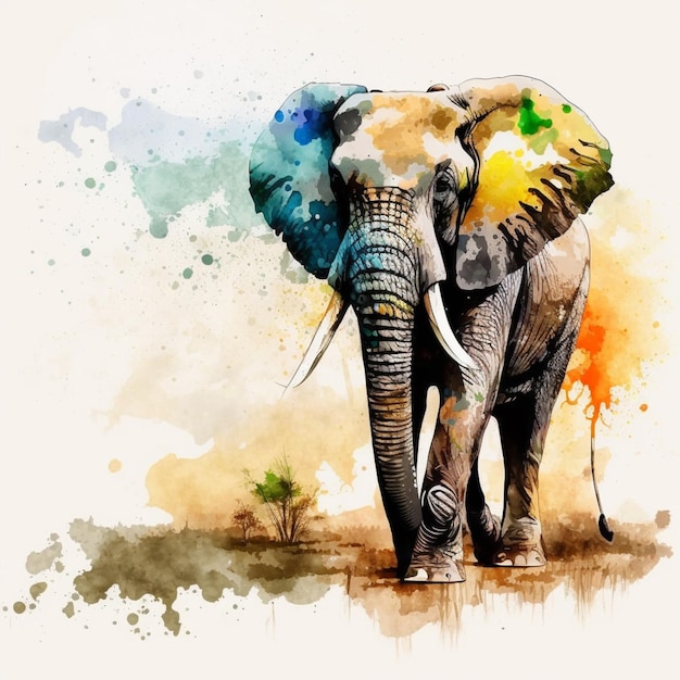 An elephant with a colorful tusk is walking on a colorful watercolor background.