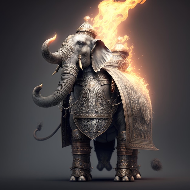 An elephant with a fire suit on it is standing in front of a fire.