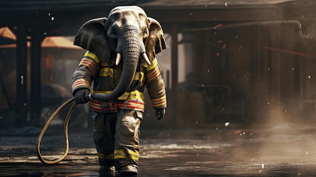 an elephant with a firefighter on his back walks in a fire pit.