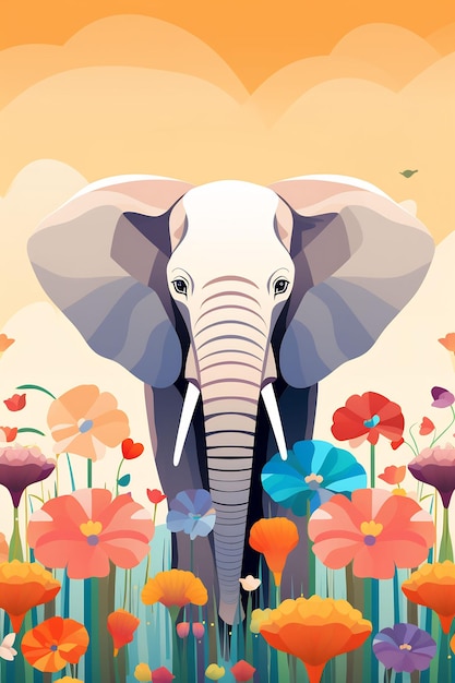 배경 벡터 아트 그림에 꽃을 들고 있는 코끼리