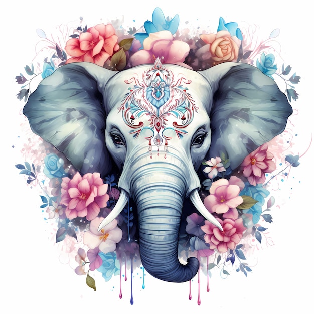 an elephant with flowers and an elephant head.