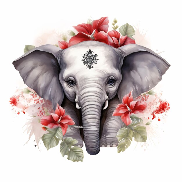 an elephant with flowers and an elephant on it