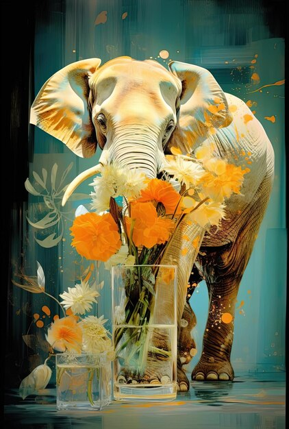 elephant with flowers in a frosted glass vignette in the style of collagestyle paintings