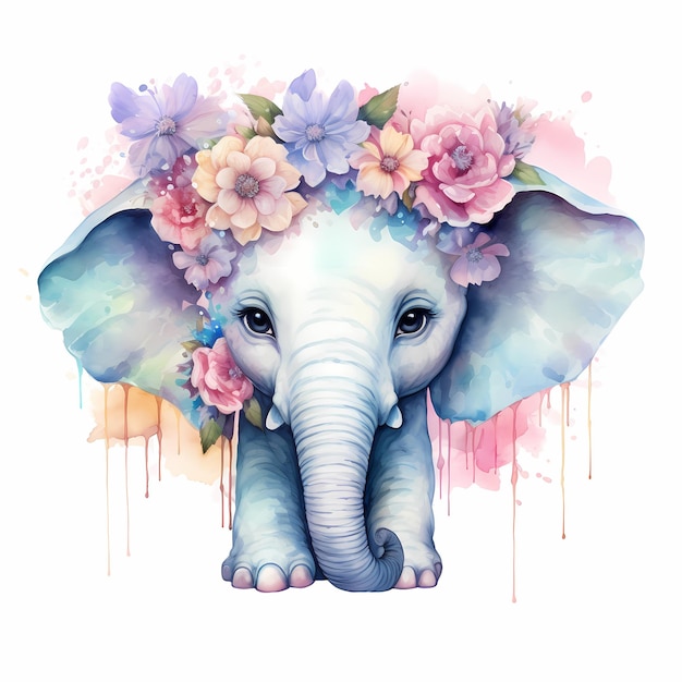 an elephant with flowers on his head and an elephant with flowers on it.