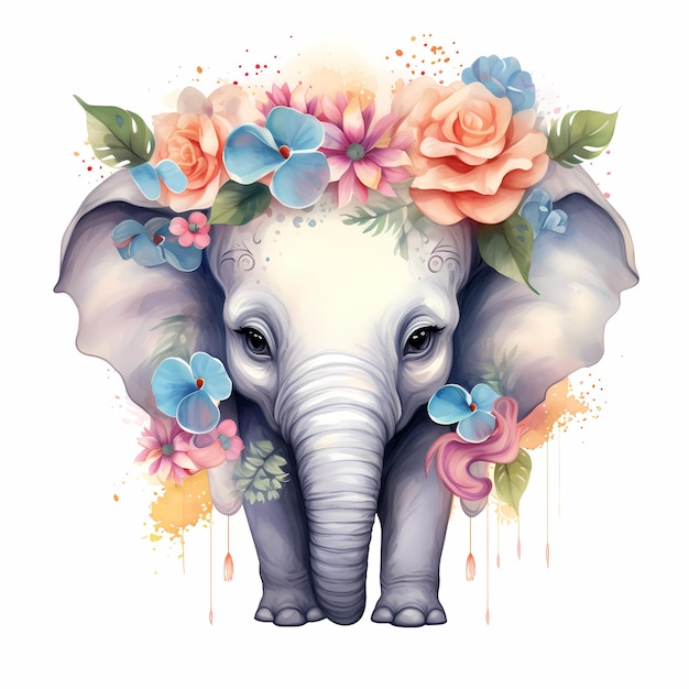 an elephant with flowers on his head is painted with flowers.