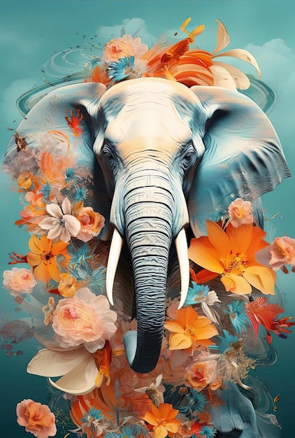 an elephant with flowers in his mouth in the style of dreamlike collages