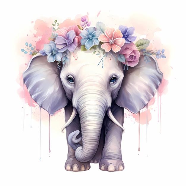 an elephant with flowers on its head and an elephant with flowers on it.