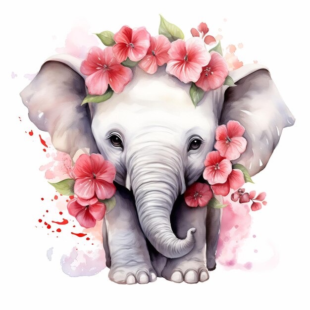 An elephant with flowers on its head and the word elephant