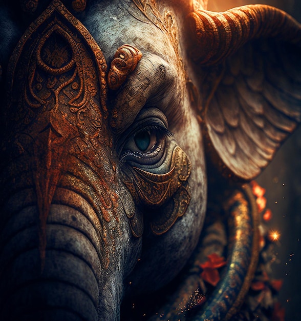 An elephant with a gold and white pattern on its face