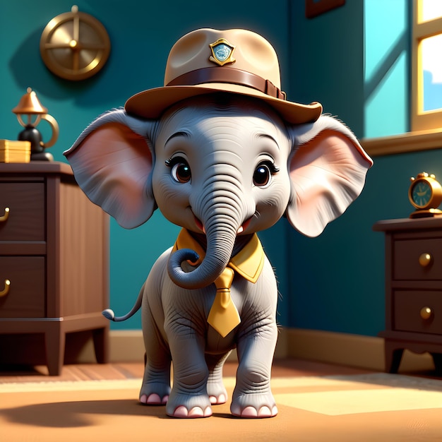 elephant with hat and tie in the room 3d illustration