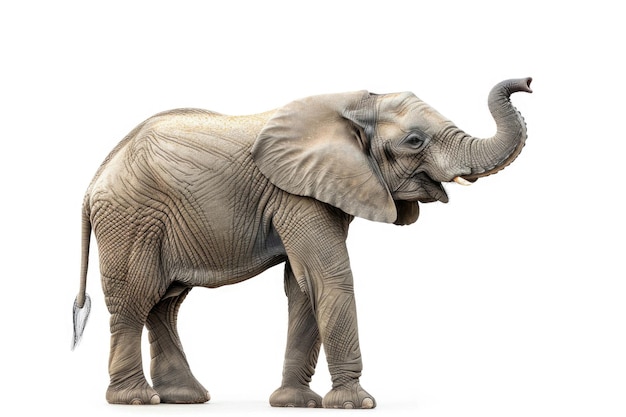 An elephant with its trunk raised isolated on a white background