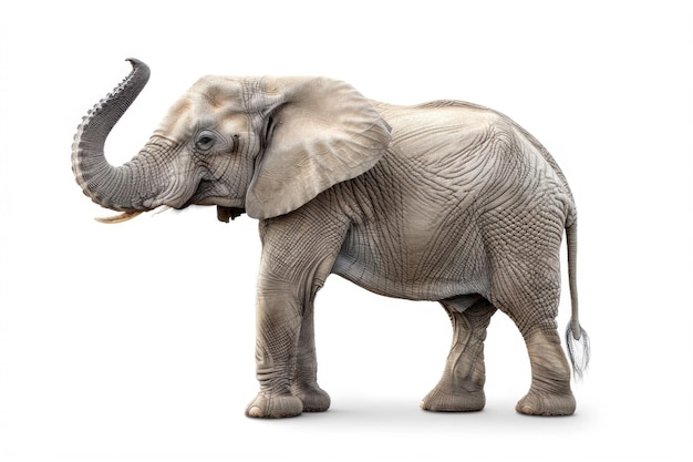 An elephant with its trunk raised isolated on a white background