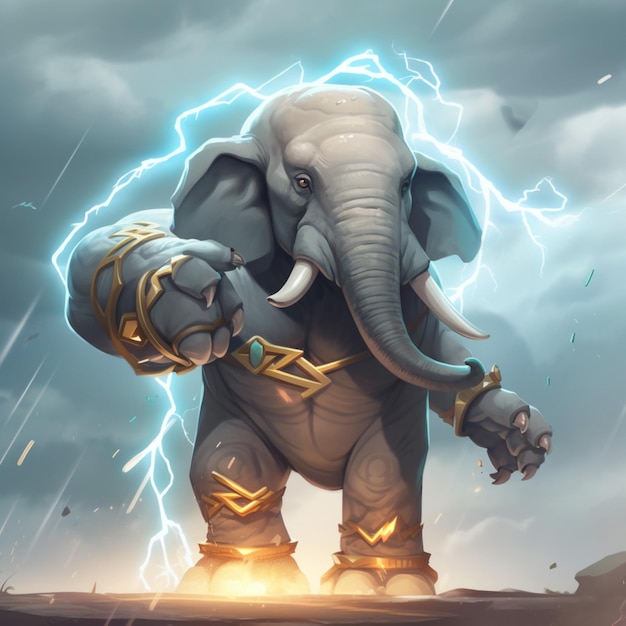 An elephant with a large arm that has the word thunder on it.