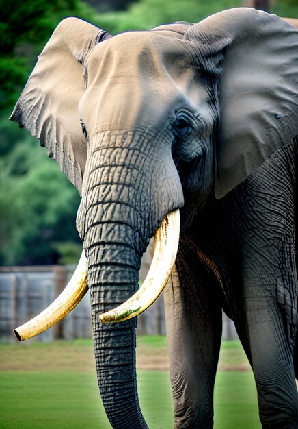 An elephant with large ears and a large tusk.