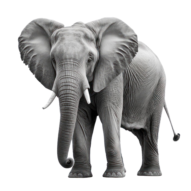 An elephant with large ears stands in front of a white background.