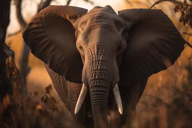 An elephant with large ears walks through the bush.