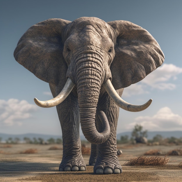 an elephant with large tusks on it stands in the desert.