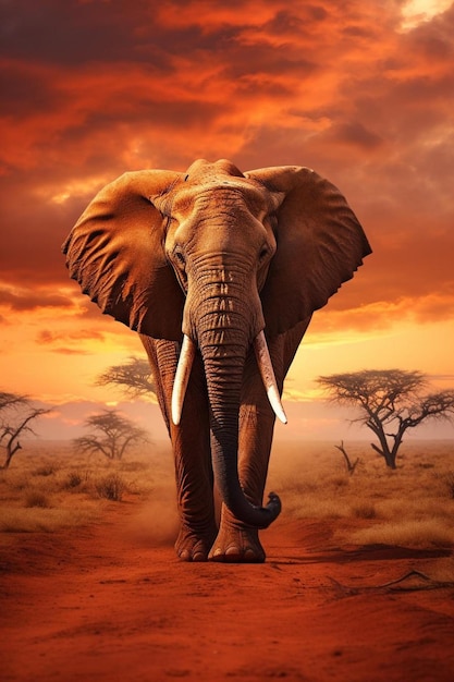 Photo an elephant with a long tusk and a sunset in the background