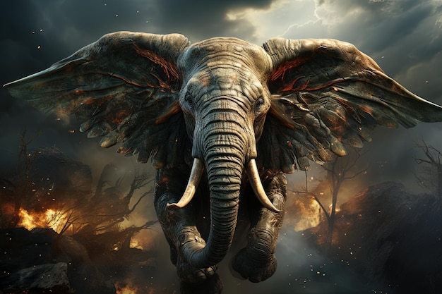 An elephant with majestic wings soars gracefully through the sky defying the laws of nature and leaving onlookers in awe of its magnificent presence illustration generative ai