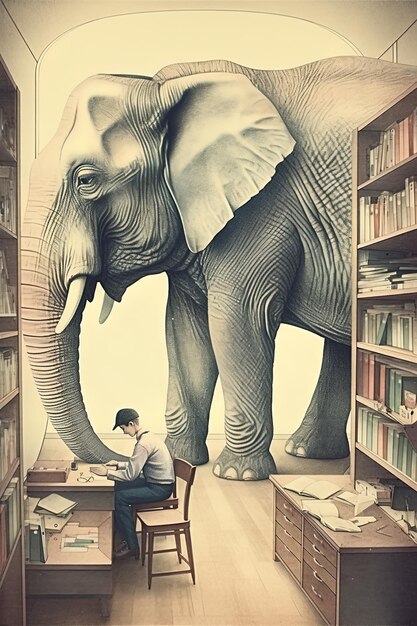 an elephant with a man sitting in front of a book with a man sitting at a desk