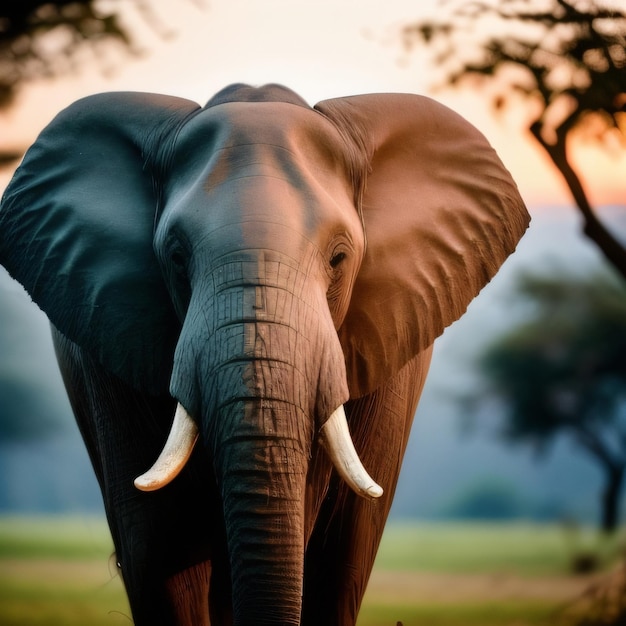 An elephant with a pink and blue sky in the background.