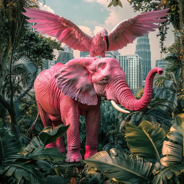 Foto un elefante con una testa rosa e un uccello sulla testa