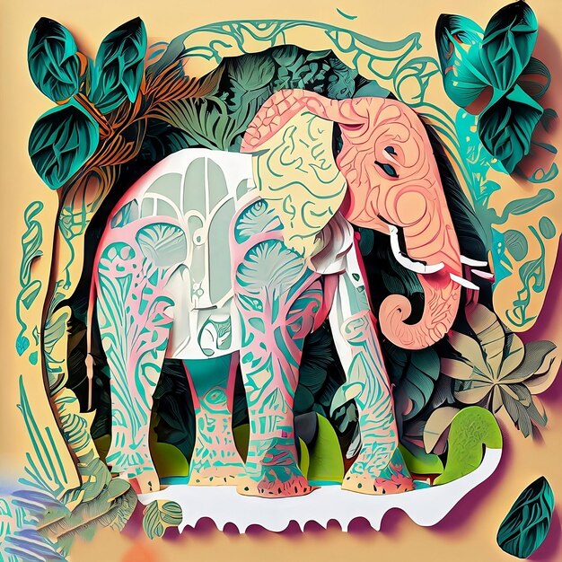 An elephant with a pink tusk and a green background with palm trees.