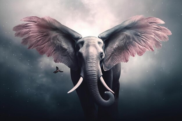 An elephant with pink wings and a bird on the back