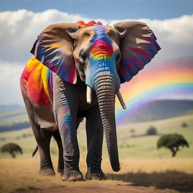 An elephant with a rainbowhued mane standing tall against a backdrop of rolling Ai Generated