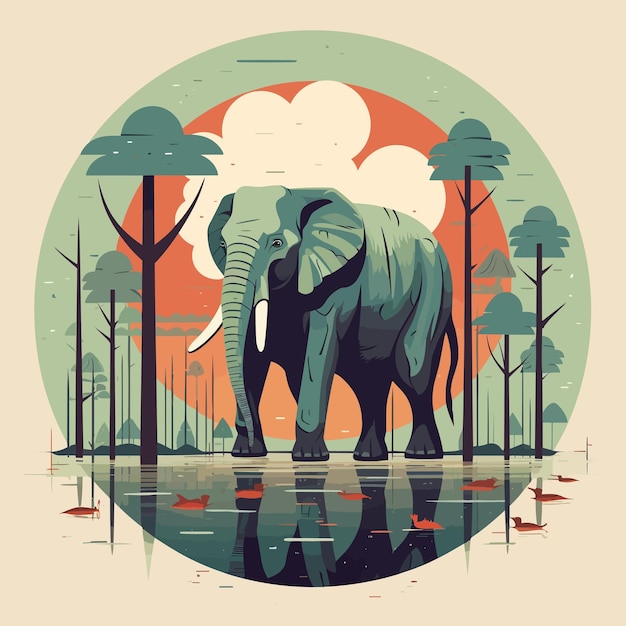 An elephant with a red sun behind it
