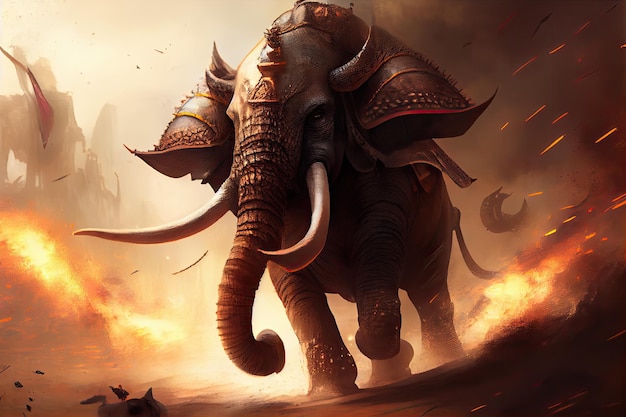 An elephant with a shield on it