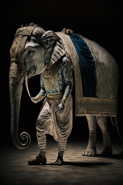 An elephant with a turban on it is standing next to a man