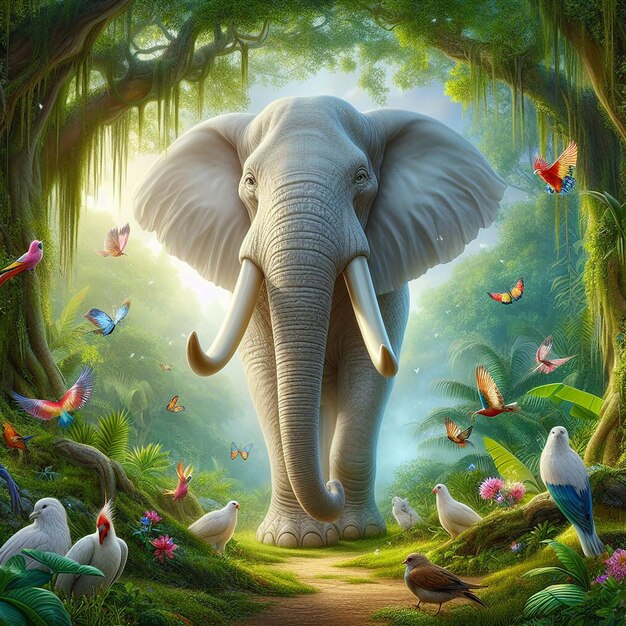 an elephant with tusks and butterflies in a jungle