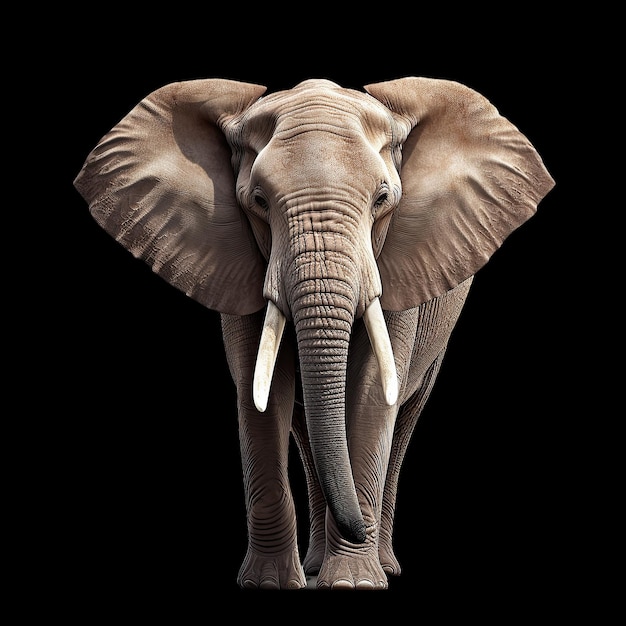 An elephant with tusks is shown on a black background.