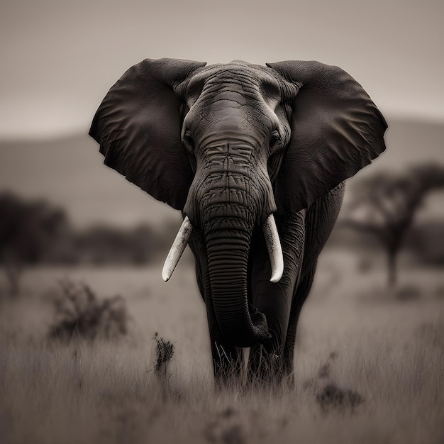 An elephant with tusks is standing in a field.