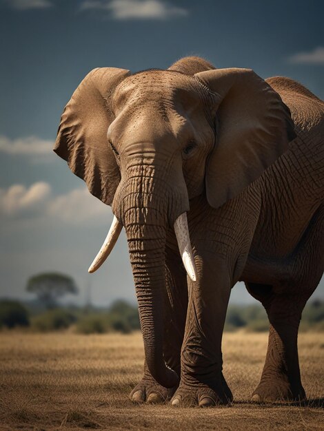 an elephant with tusks on it is standing in a field