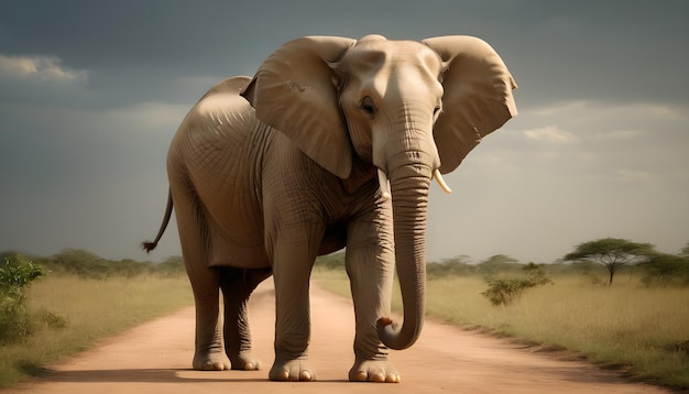 an elephant with tusks on it is standing in a field