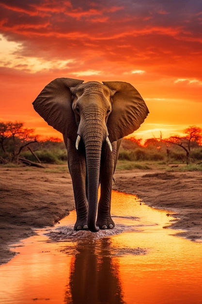 Photo an elephant with tusks standing in a puddle of water