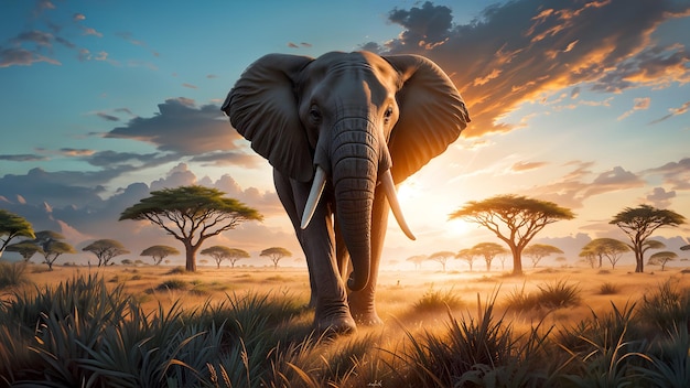 Foto un elefante con le zanne al tramonto