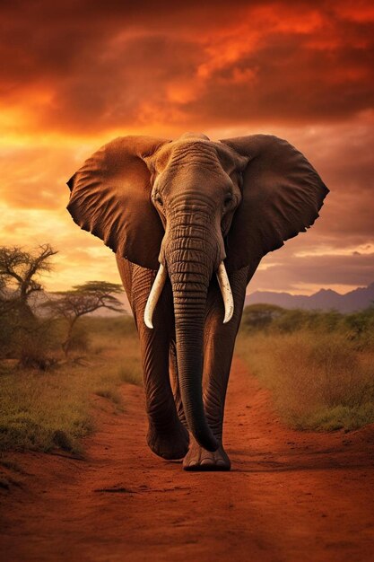 слон с клыками, идущий по грунтовой дороге