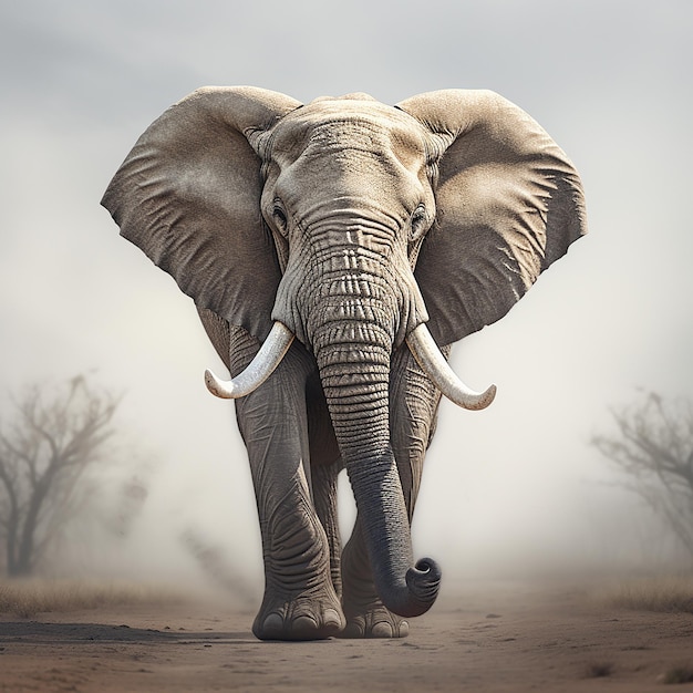 An elephant with very large tusks walking